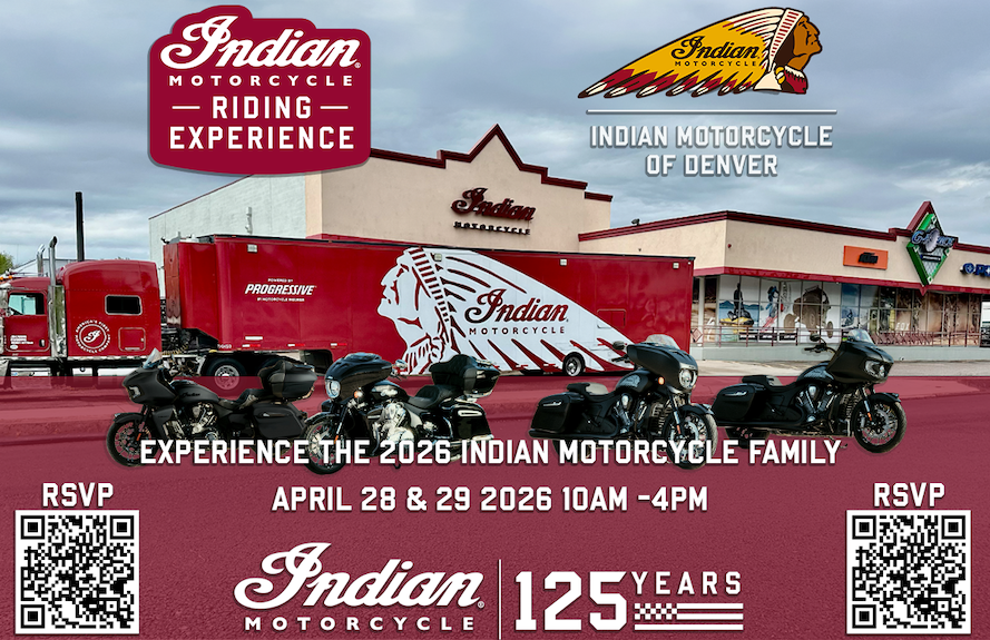 Indian Motorcycle demo truck set up at Indian Motorcycle of Denver for the 125th Anniversary Riding Experience, with riders test riding 2026 models on-road during a limited-time event.