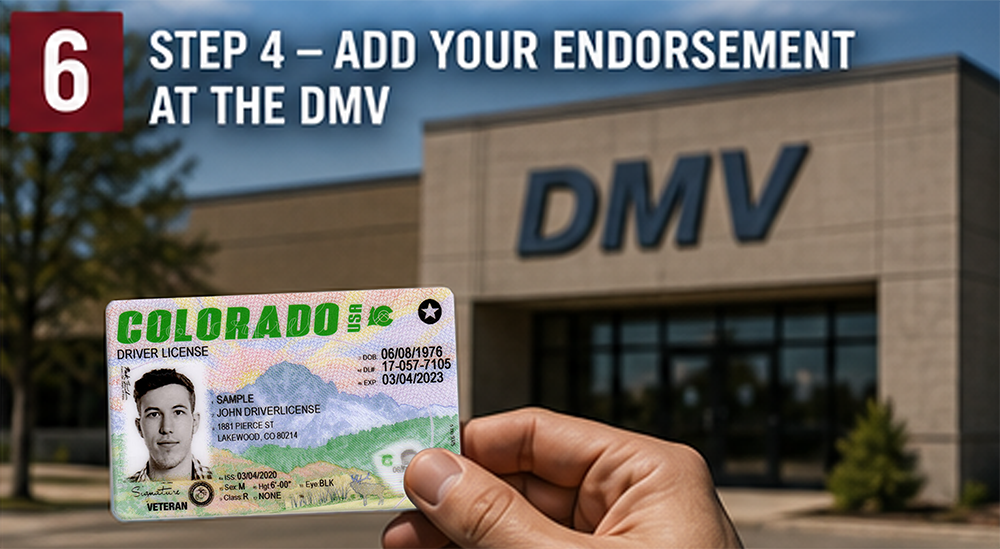 Colorado rider adding motorcycle endorsement at the DMV after completing motorcycle permit and safety training requirements.