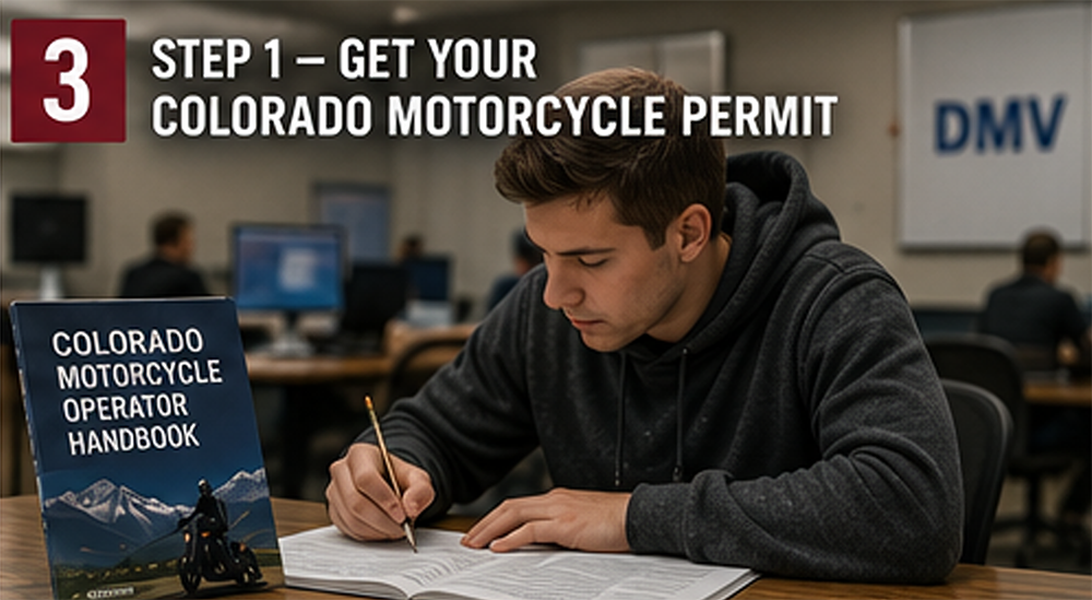 Colorado motorcycle permit written test preparation and DMV licensing process.