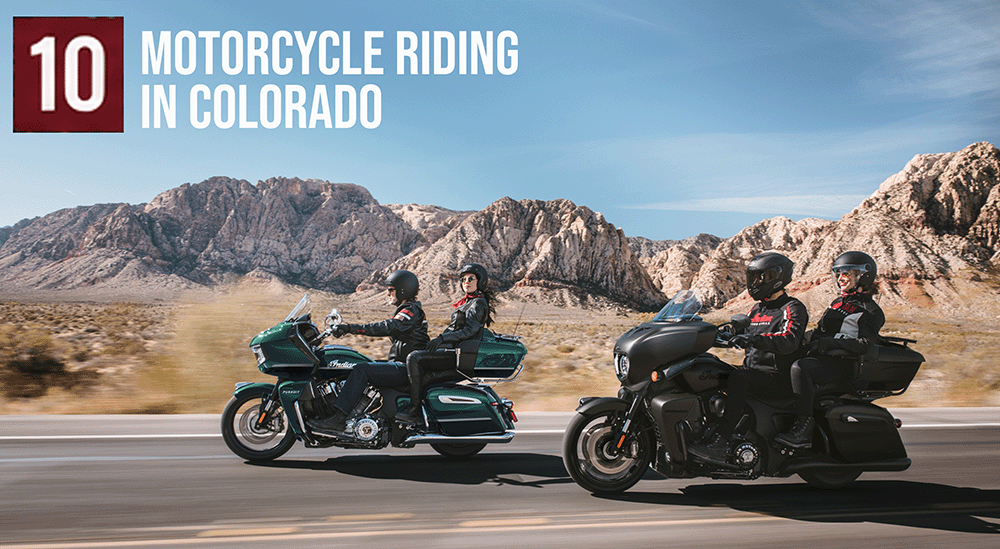 Indian Motorcycle riding through scenic Colorado mountain roads near Denver.