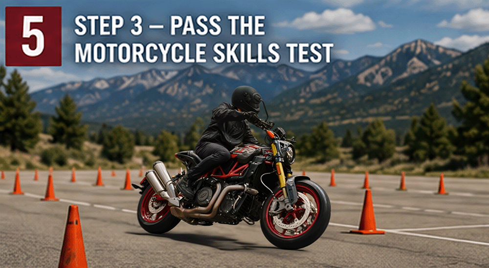 Motorcycle rider completing Colorado motorcycle endorsement skills test.