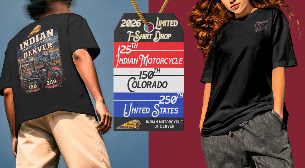 Back of the 2026 Indian Motorcycle anniversary T-shirt featuring a Chief Vintage, Colorado sign, Denver skyline, Colorado 150 and USA 250 artwork.