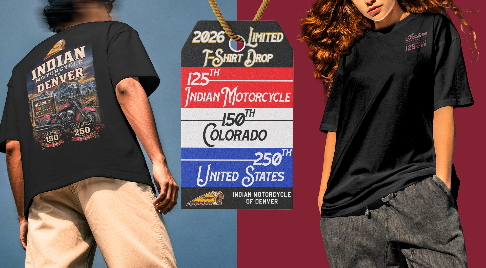 Indian Motorcycle of Denver 2026 limited-edition T-shirt celebrating Indian Motorcycle 125, Colorado 150 and USA 250