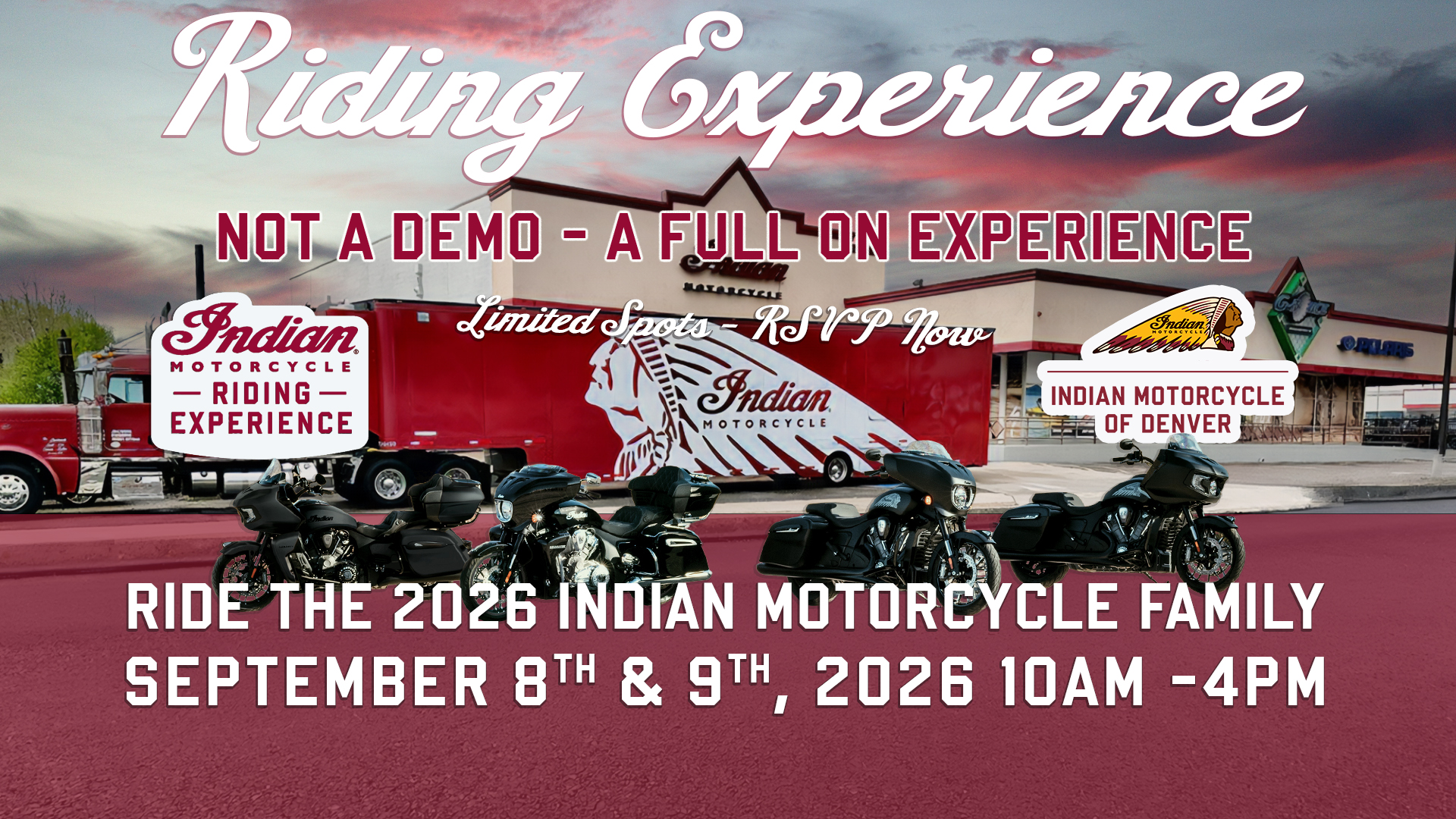 2026 Indian Motorcycle Riding Experience event graphic for September 8–9, 10 a.m.–4 p.m., at Indian Motorcycle of Denver
