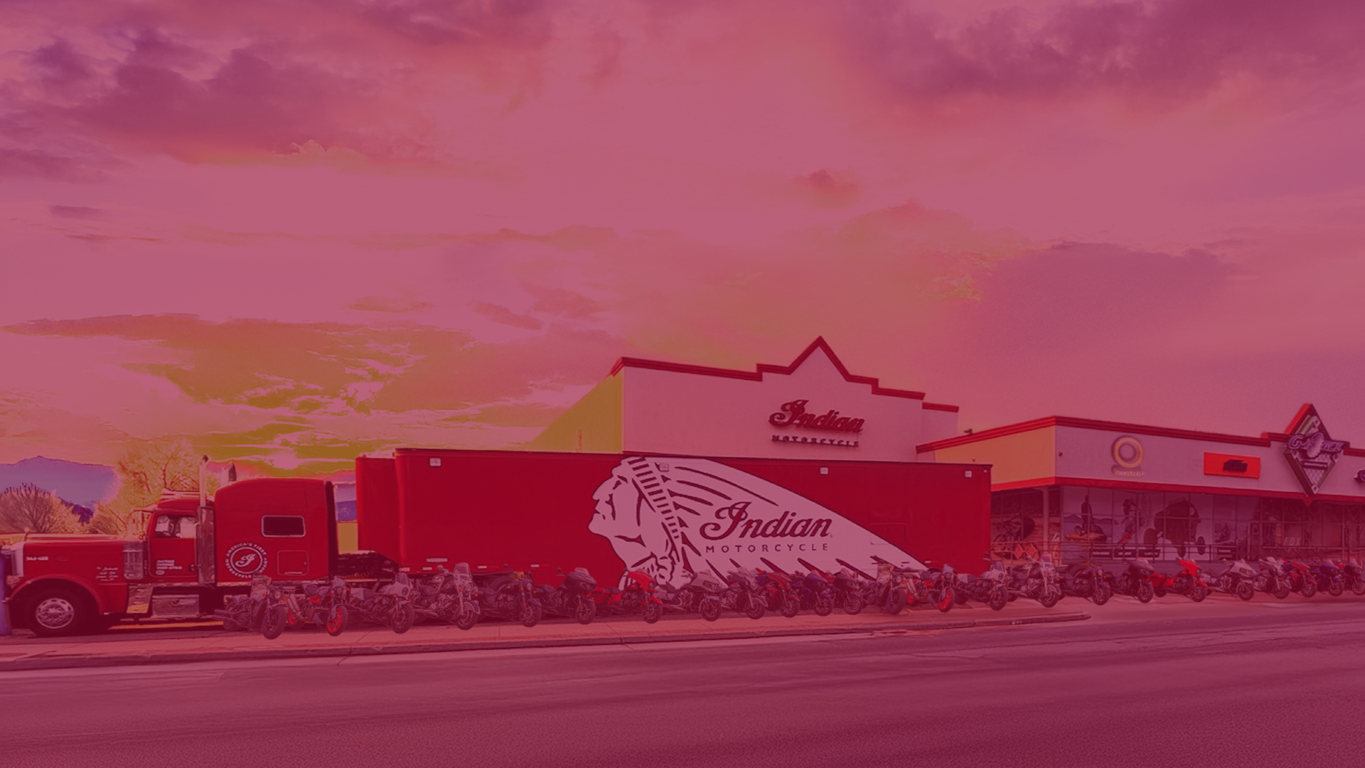 Indian Motorcycle of Denver storefront, transport truck and motorcycles for The Indian Motorcycle Roadcast